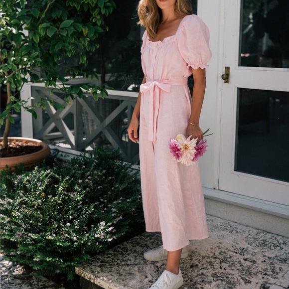 Sleeper Brigitte Linen Midi Dress Pink Sz L 100% Linen Romantic‎ Feminine Sweet - Picture 1 of 12